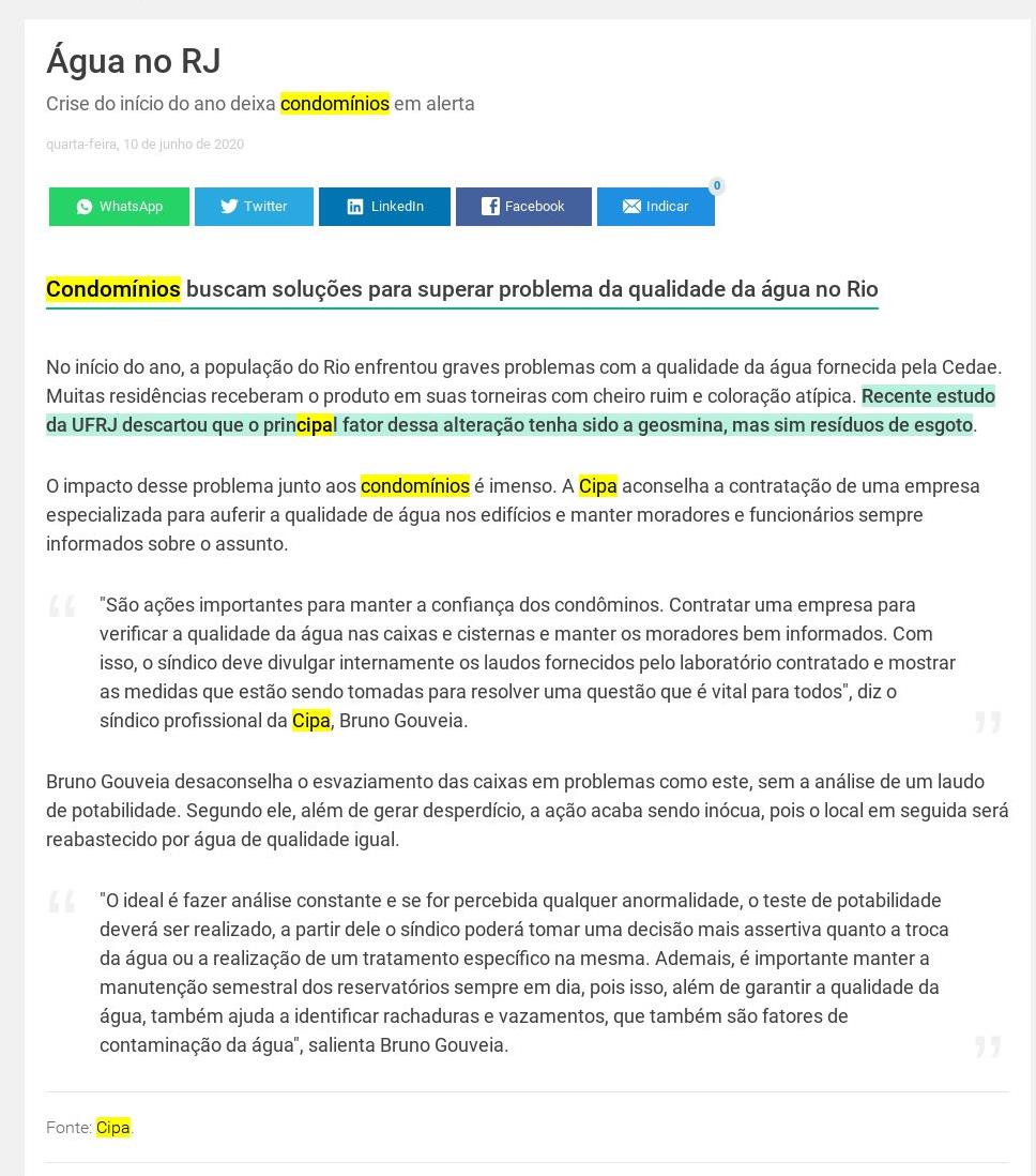 SINDICONET: ÁGUA NO RIO DE JANEIRO