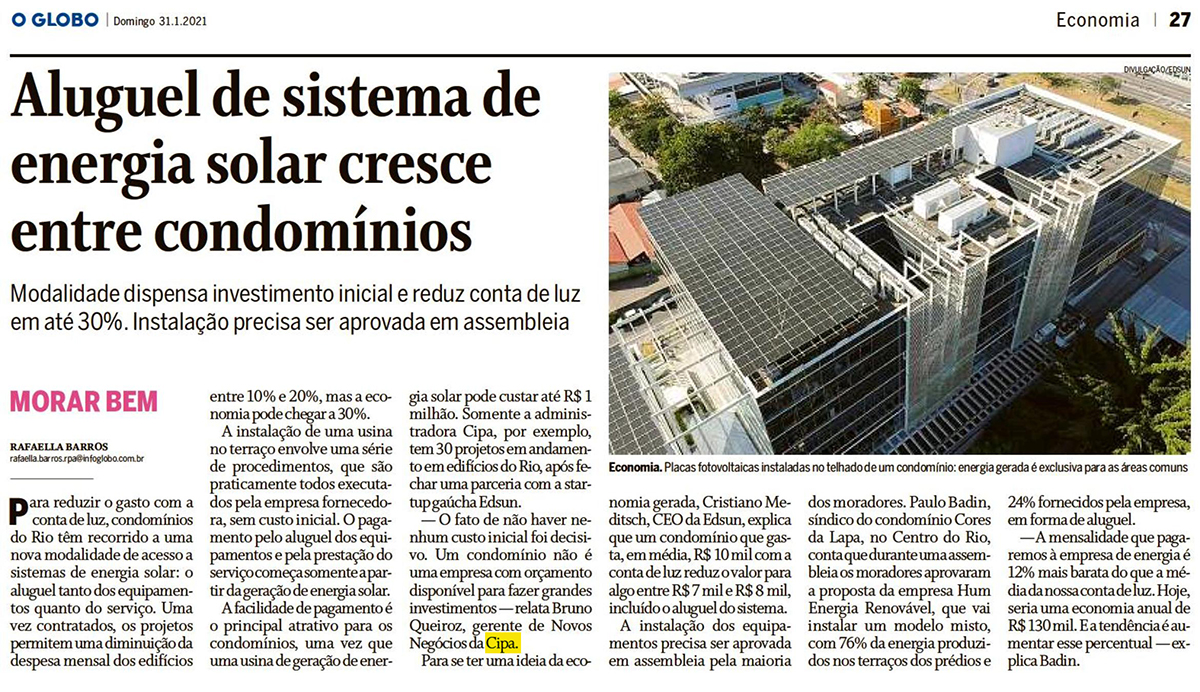 O Globo: Aluguel de sistema de energia solar cresce entre condomínios